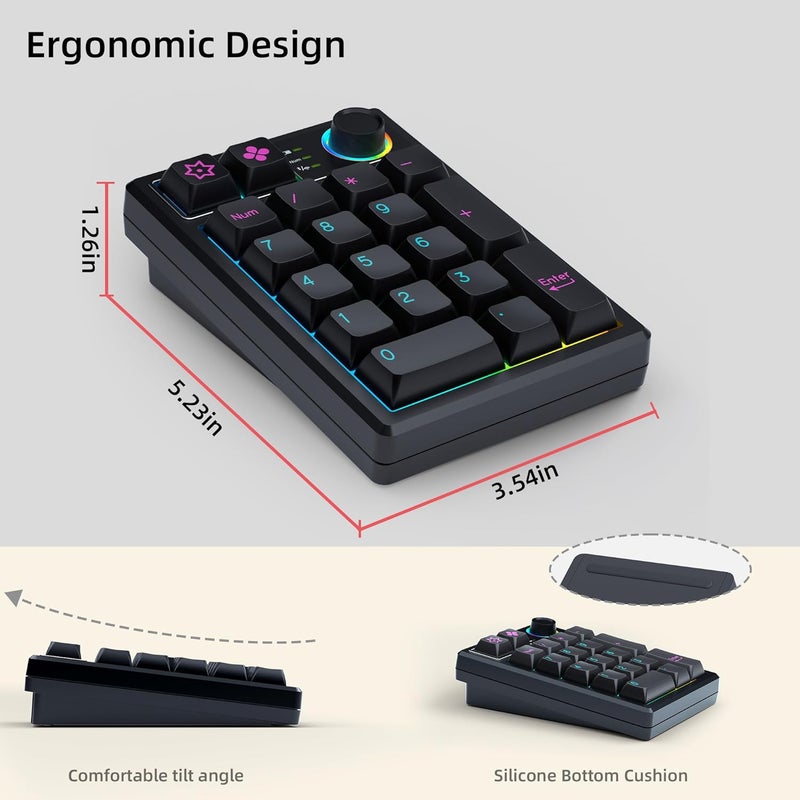 KEYCOOL K19 Wireless Numeric Keyboard, Mechanical Number Keypad Hot-swappable Bluetooth Numpad 5.0/2.4GHz, RGB Multi-Function Knob Numerical Keyboard for Laptop Mac Win iOS Android - Image 3